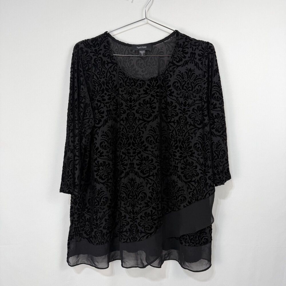 Karen Kane Women's Black Velvet Burnout Shirttail Sheer Floral Top Plus 1X